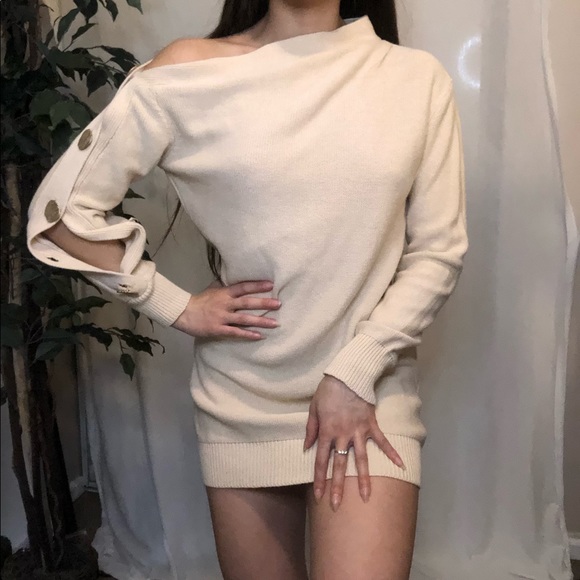 Cream One Shoulder Knit Sweater Dress with Gold Buttons - Picture 5 of 8